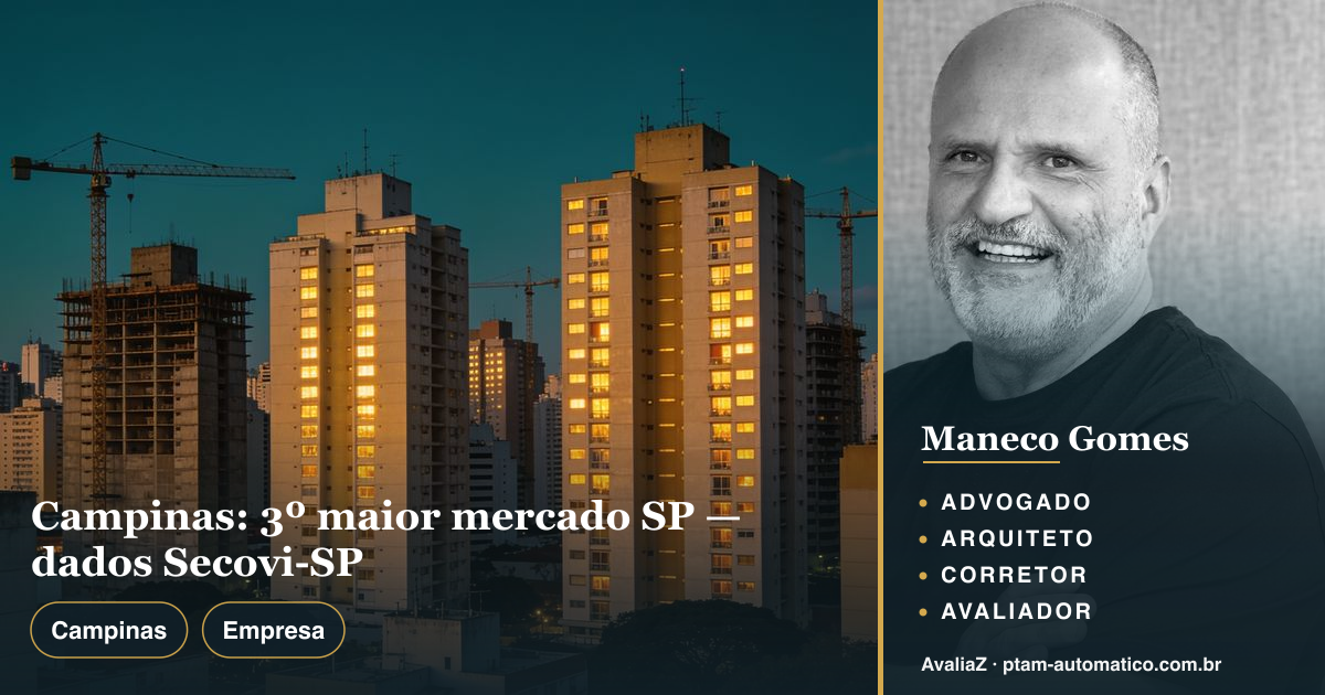 Campinas: 3º maior mercado SP — dados Secovi-SP — análise de Maneco Gomes (advogado, arquiteto, corretor e avaliador CNAI)