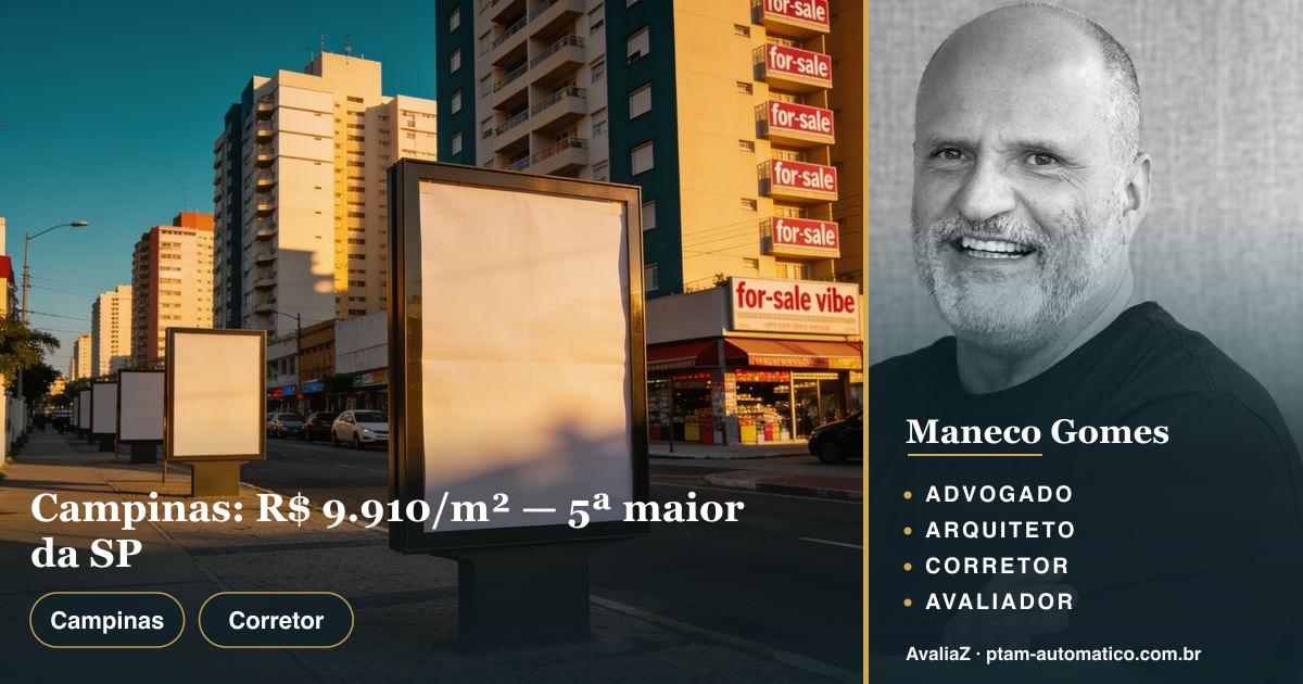 Campinas: R$ 9.910/m² — 5ª maior da SP — análise de Maneco Gomes (advogado, arquiteto, corretor e avaliador CNAI)