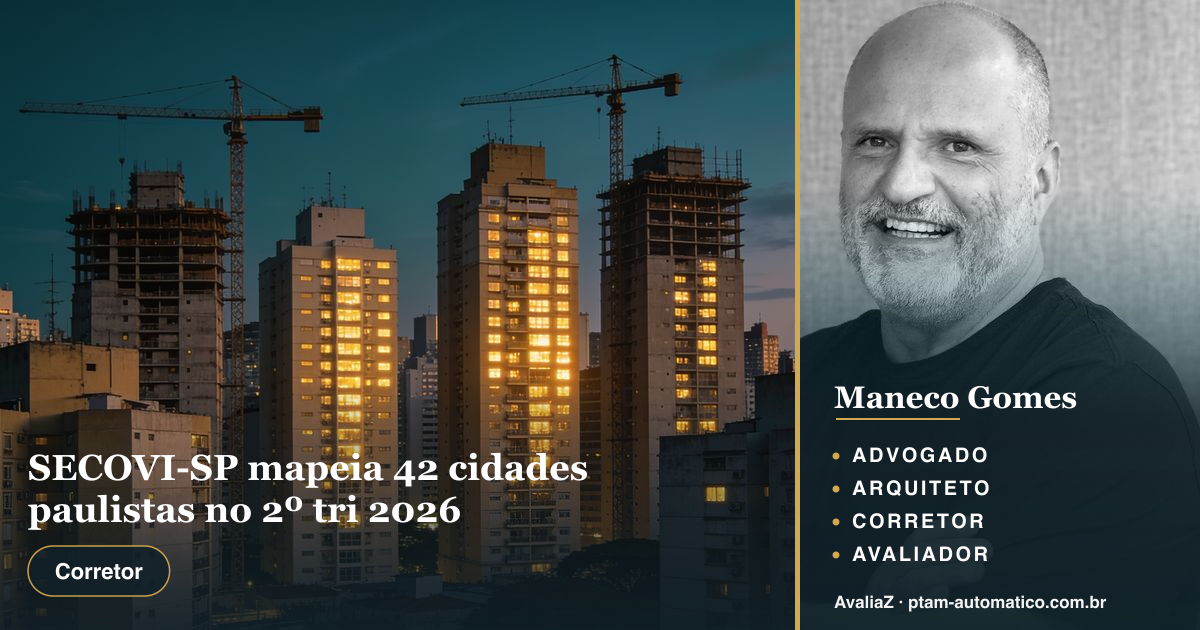 SECOVI-SP mapeia 42 cidades paulistas no 2º tri 2026 — análise de Maneco Gomes (advogado, arquiteto, corretor e avaliador CNAI)